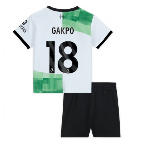 Otroški Nogometni dresi Liverpool Cody Gakpo #18 Gostujoči 2023-24 Kratek Rokav (+ Kratke hlače)